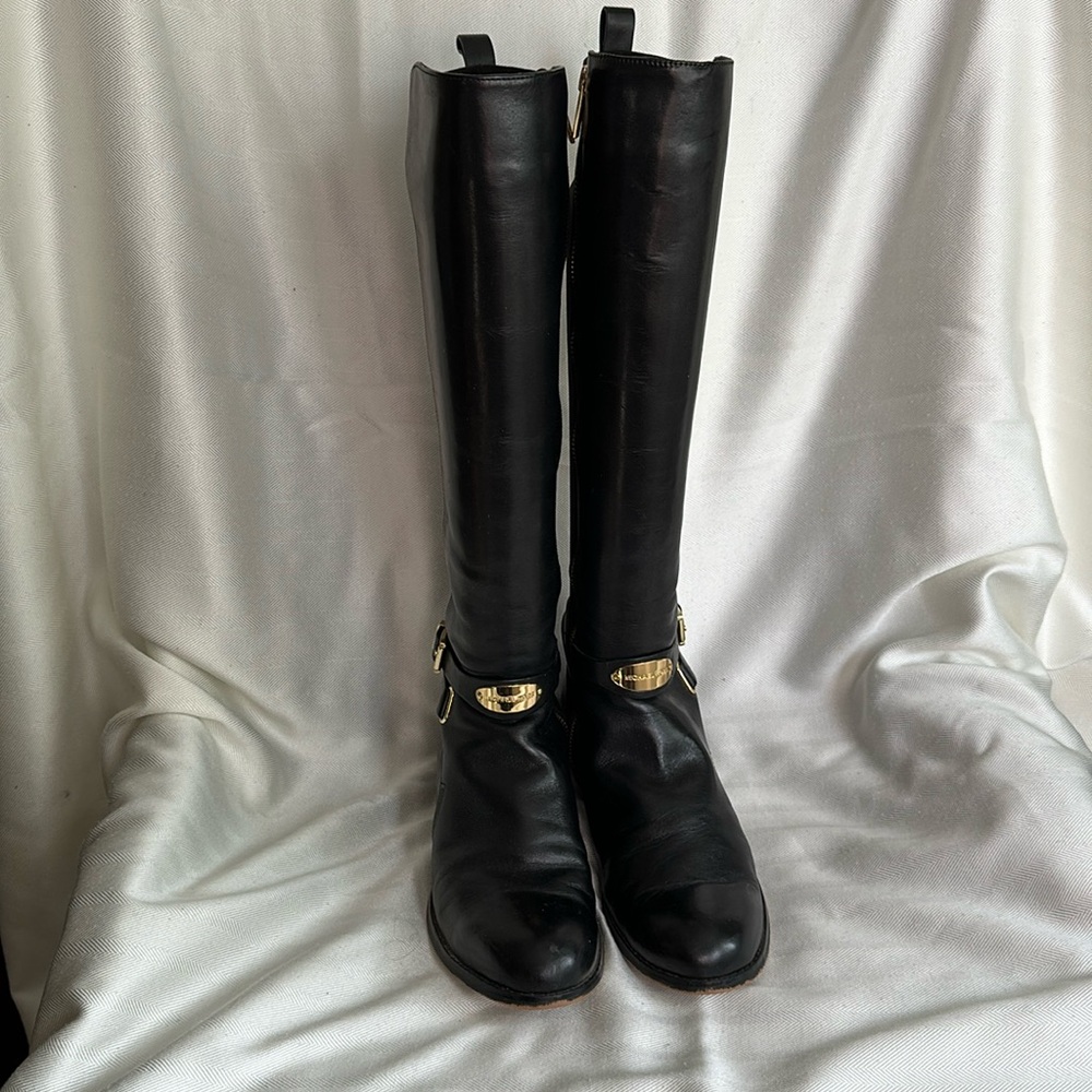 Michael Kors Black Leather Arley Stretch Boots with Gold Hardware